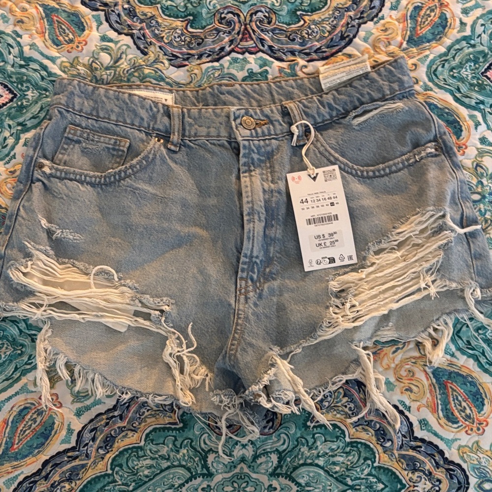Zara Light Blue Distressed Denim Cutoff Shorts